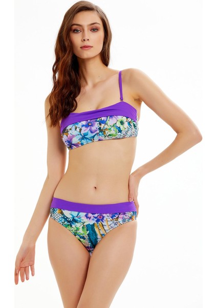 Mor Desenli Straplez Bikini Takımı