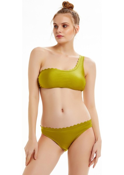 Lazer Kesim Yağ Yeşili Tek Omuz Bikini Takımı