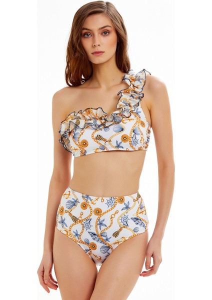 Deniz Kabuğu Desenli Tek Omuz Bikini Takımı