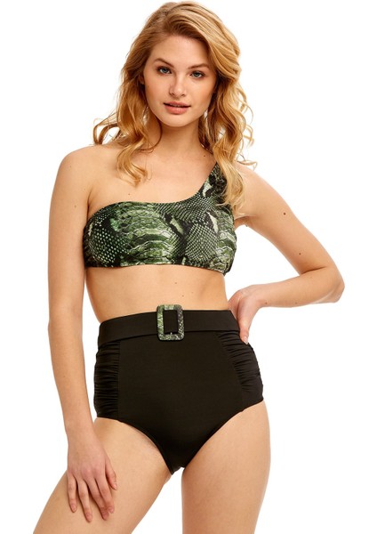 Yeşil Krokodil Desenli Tek Omuz Bikini Takımı