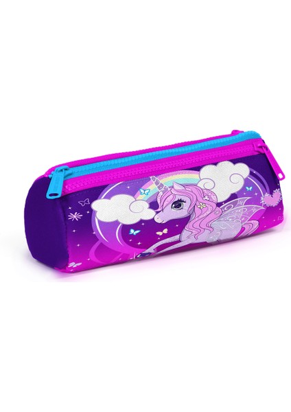 Kids Üç Bölmeli Kalem Kutusu Mor Pembe Unicorn Desenli 22008