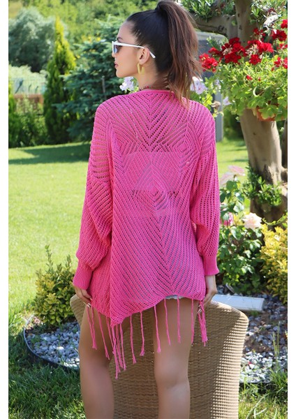 Motif Detaylı Eteği Püsküllü Hırka Fuşya indirimleri