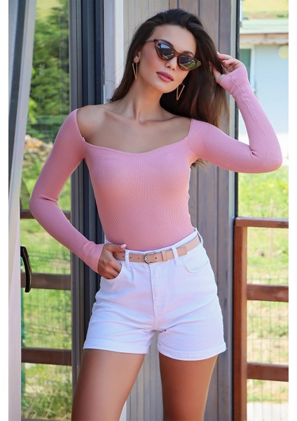 U Yaka Uzun Kollu Kazak Pudra modelleri