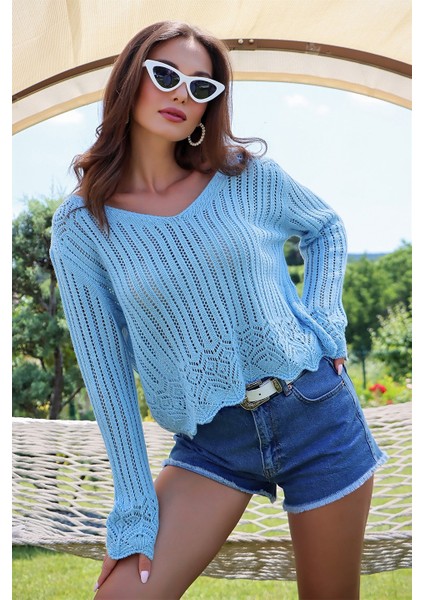 U Yaka Motif Detaylı Kazak Bebe Mavisi