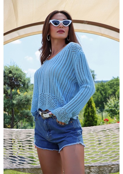 U Yaka Motif Detaylı Kazak Bebe Mavisi fiyatları