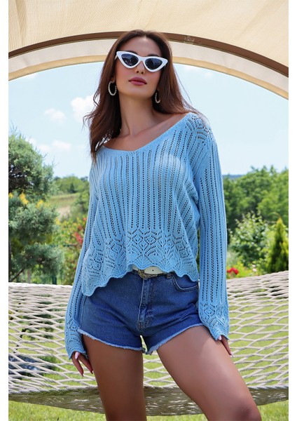 U Yaka Motif Detaylı Kazak Bebe Mavisi modelleri