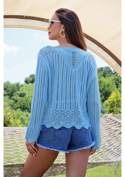 U Yaka Motif Detaylı Kazak Bebe Mavisi fırsatları