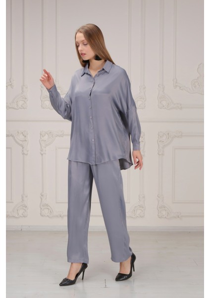 Saten Bol Paça Pantolon Gri modelleri