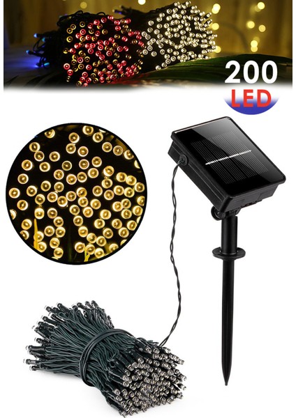Solar 200 Ledli 22 Metre Bahçe Aydınlatma Dekorasyon Güneş Enerjili LED Sarı Işık