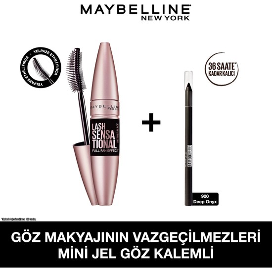 Maybelline New York Lash Sensational Intense Black Maskara - Ekstra Siyah + Mini Tattoo Liner Gel Pencil