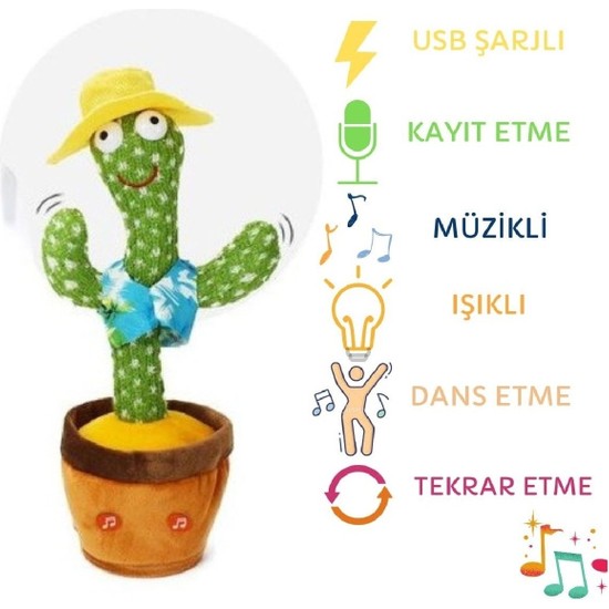 Mucosan Konuşan Dans Eden Kaktüs Işıklı Saksı Peluş Oyuncak Cactus Toy
