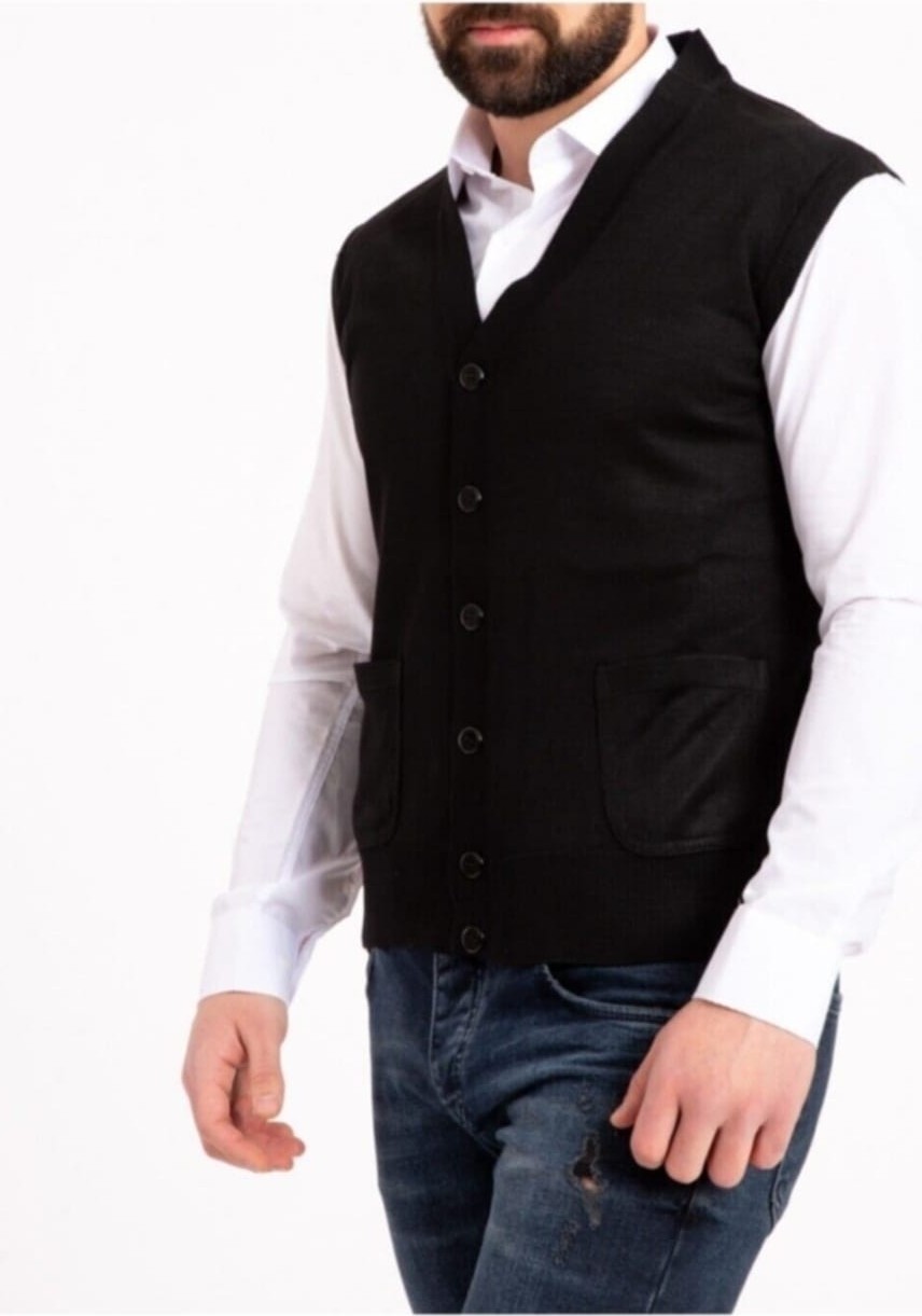 Fresh Moda Erkek Siyah Ince Yün Triko Cepli Örgü Yelek görsel 2