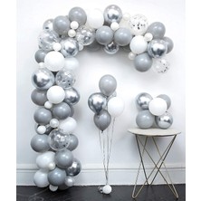 100  Adet Gri Beyaz Şeffaf  Gümüş Konfetili  Krom Balon Seti Balon Zinciri Hediyeli