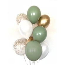 20 Adet Küf Yeşilli Balon Demeti Krom Altın 6 Küf Yeşili + 6 Beyaz + 4 Krom Altın + 4 Şeffaf Balon