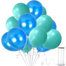  12 Adet Metalik Sedefli Su Yeşili - Mavi Balon, Helyumla Uçan-Dogum Günü-Parti