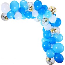 75 Adet Mavi Beyaz Altın Konfetili Metalik Dogun Günü Parti Balon Seti Balon Zinciri Hediyeli