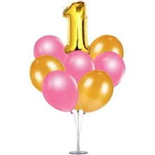  7'li Şeffaf  Ayaklı Balon Standı - Gold 8 Yaş Folyo  Balon -6 Adet Metalik Balon -Dogum Günü