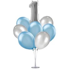  7'li Şeffaf  Ayaklı Balon Standı - Gümüş 1 Yaş Folyo Balon -6 Adet Metalik Balon -Dogum Günü