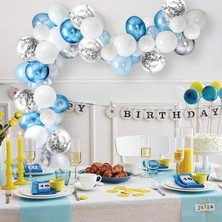 200 Adet Mavi Beyaz Krom Metalik   Zincir Gümüş  Balon Konfetili Balon Seti 10 Metre