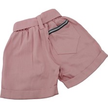 Berselüx Kız Çocuk Şort Tshirt Ikili Takım Pudra Pembe Şort Beyaz Kısa Kollu Çiçek Baskılı Tshirt