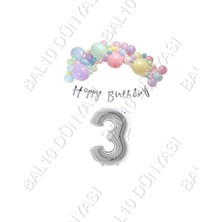 Bal10 Dünyası Happy Bırthday Yazılı Kaligrafi Banner Makaron Balon Seti 3 Yaş Gümüş Set Doğum Günü