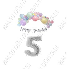 Bal10 Dünyası Happy Bırthday Yazılı Kaligrafi Banner Makaron Balon Seti 5 Yaş Gümüş Set Doğum Günü