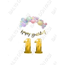Bal10 Dünyası Happy Bırthday Yazılı Kaligrafi Banner Makaron Balon Seti 11 Yaş Gold Set Doğum Günü