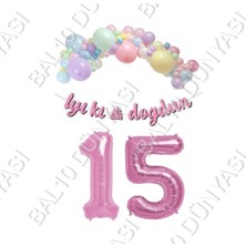Bal10 Dünyası Iyiki Doğdun Yazılı Kaligrafi Banner Makaron Balon Seti 15 Yaş Pembe Set Doğum Günü