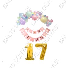 Bal10 Dünyası Happy Bırthday Yazılı Banner Makaron Balon Seti 17 Yaş Gold Set Doğum Günü