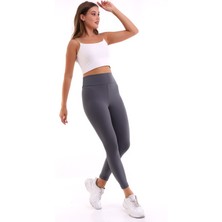 Self Clothing Kadın Koyu Gri Yüksek Bel Fitilli Dayanıklı Örme Kumaş Toparlayıcı Spor Tayt SLF1396