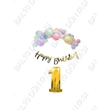 Bal10 Dünyası Happy Bırthday Yazılı Kaligrafi Banner Makaron Balon Seti 1 Yaş Gold Set Doğum Günü