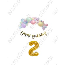 Bal10 Dünyası Happy Bırthday Yazılı Kaligrafi Banner Makaron Balon Seti 2 Yaş Gold Set Doğum Günü