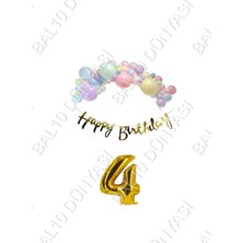 Bal10 Dünyası Happy Bırthday Yazılı Kaligrafi Banner Makaron Balon Seti 4 Yaş Gold Set Doğum Günü