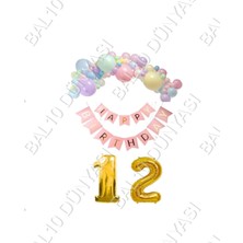 Bal10 Dünyası Happy Bırthday Yazılı Banner Makaron Balon Seti 12 Yaş Gold Set Doğum Günü