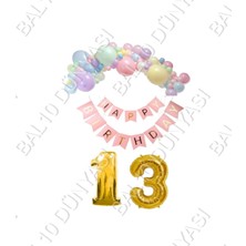 Bal10 Dünyası Happy Bırthday Yazılı Banner Makaron Balon Seti 13YAŞ Gold Set Doğum Günü