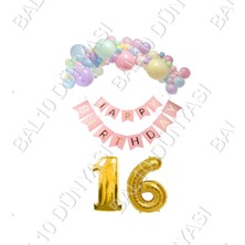 Bal10 Dünyası Happy Bırthday Yazılı Banner Makaron Balon Seti 16 Yaş Gold Set Doğum Günü