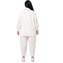 Disentis Modest Büyük Beden Katlamalı Kollu Kapaklı Cepli Oversize Beyaz Keten Astarsız Kadın Ceket