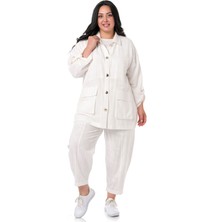 Disentis Modest Büyük Beden Katlamalı Kollu Kapaklı Cepli Oversize Beyaz Keten Astarsız Kadın Ceket