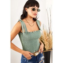 AQE FASHION Kadın Yeşil Askılı Crop Bluz