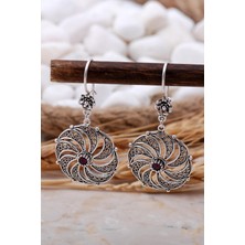 Sümer Telkari Rüzgar Gülü Yakut Taşlı Telkari Elişi Gümüş Küpe 5775