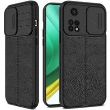 Smcase Xiaomi Redmi Note 11S Global Kılıf Kamera Sürgülü Deri Dokulu Mat Silikon Siyah