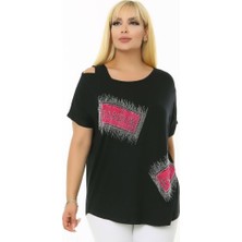 Kheos Kayık Yuvarlak Yaka Omzu Pencereli Taş Baskılı Kısa Yarasa Kol Esnek Rahat Kesim Likralı Bluz