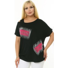 Kheos Taş Baskılı Kısa Yarasa Kol Kayık Yuvarlak Yaka Omzu Pencereli Esnek Rahat Kesim Likralı Bluz