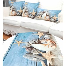 Körfez Kırlent Marin Desen Kırlent Kılıfı Runner 3+1 Kombin Set