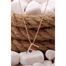 Sümer Telkari F Harf Nazar Boncuklu Rose Gümüş Kolye 67