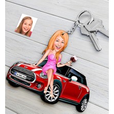 BK Kişiye Özel Bayan Mini Cooper Figürlü Plakalı Ahşap Karikatür Anahtarlık
