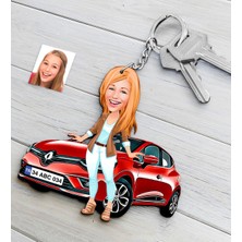 BK Kişiye Özel Bayan Renault Clio Figürlü Plakalı Ahşap Karikatür Anahtarlık-3