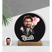 BK Kişiye Özel Erkek Doğum Günü Karikatürlü Yuvarlak Ahşap Biblo-3