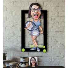 BK Kişiye Özel Bayan Tenis Oyuncusu Karikatürlü 3D Ahşap Tablo-1