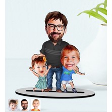 BK Kişiye Özel Baba Oğul Kız Karikatürlü Ahşap Biblo Model-1
